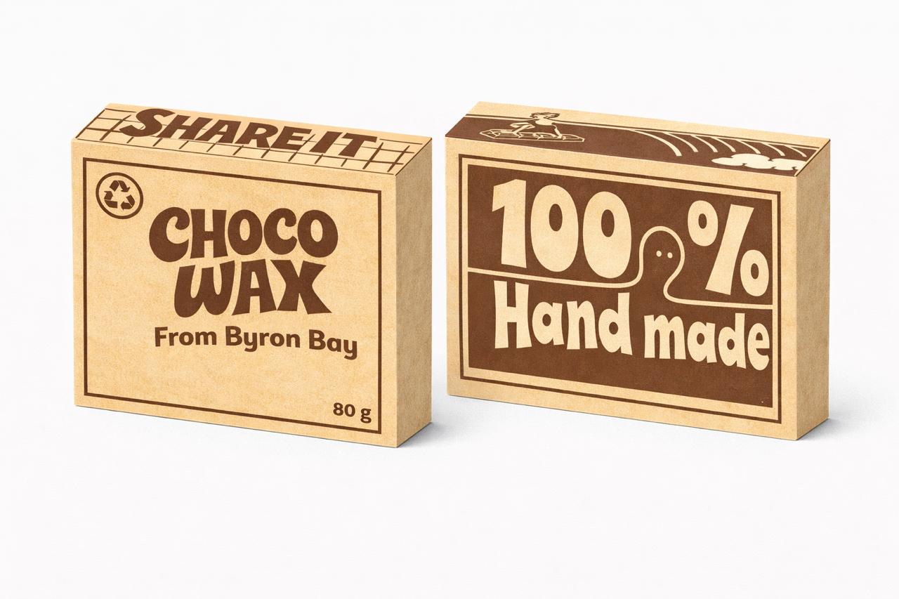 Two ChocoWax bars in kraft paper packaging.