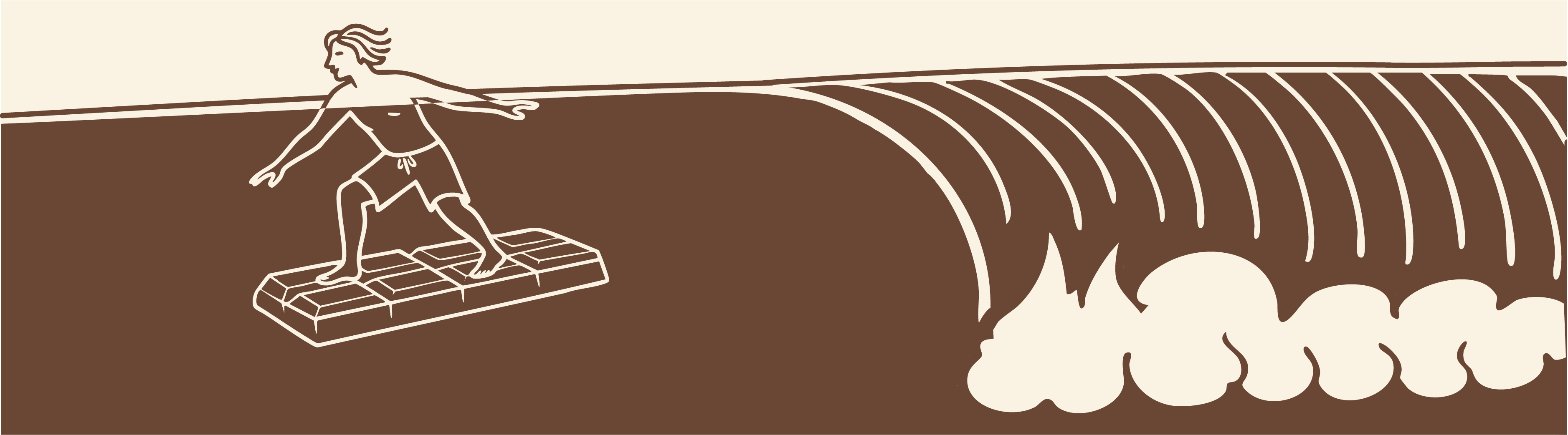 A surfer riding a chocolate bar down a wave — ChocoWax illustration.